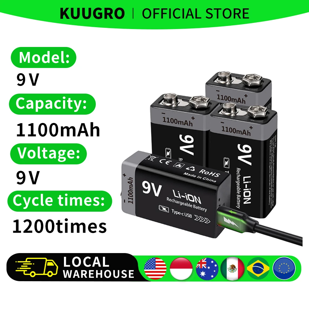 USB 9V Rechargeable Battery 1100mAh Type-C - Image 2