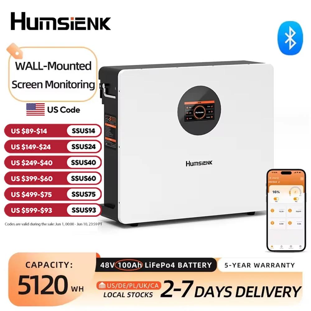 48V 100Ah LiFePO4 Battery WALL-Mounted Bluetooth - Image 1