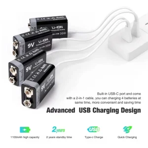 9V Rechargeable Battery 1100mAh USB Type-C Rechargeable - Thumbnail Image 2