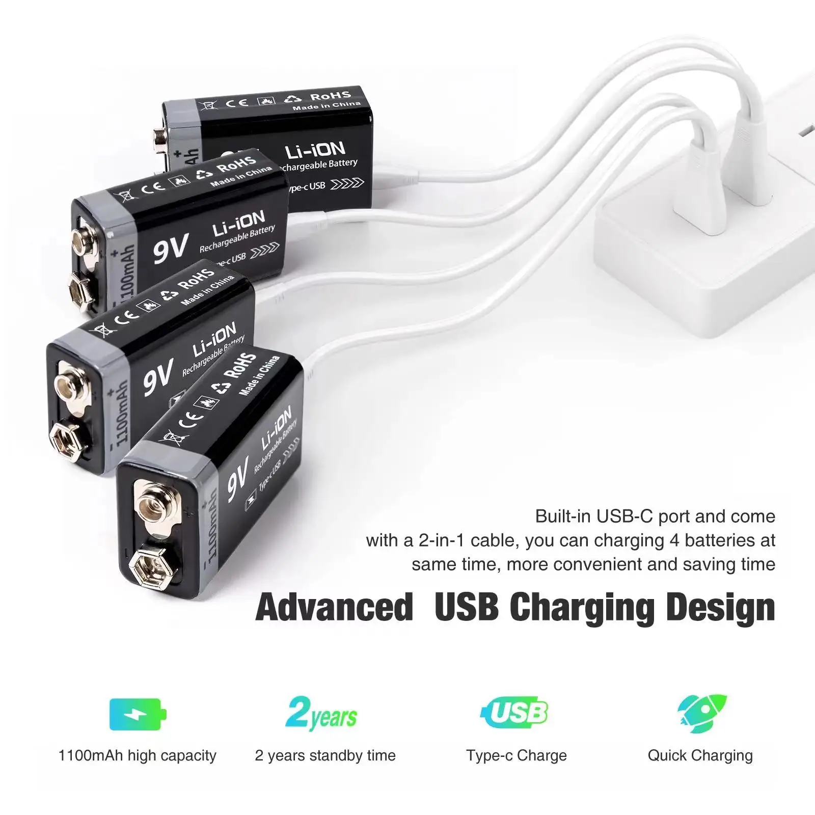 9V Rechargeable Battery 1100mAh USB Type-C Rechargeable - Image 2